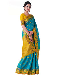 Thumbnail for Mimosa Women's Turquoise Kanchipuram Silk Saree - Distacart