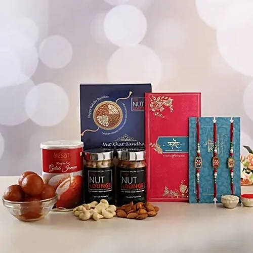 Set of 3 Meenakari Rakhi With Dry Fruits & Gulab Jamun