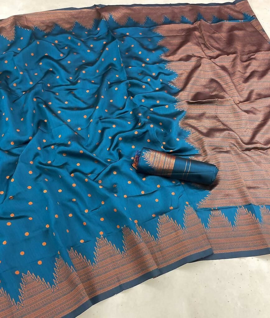 DEIANA'S Beautiful Golden Jari with New Design Soft Lichi Silk Saree - Blue - Distacart