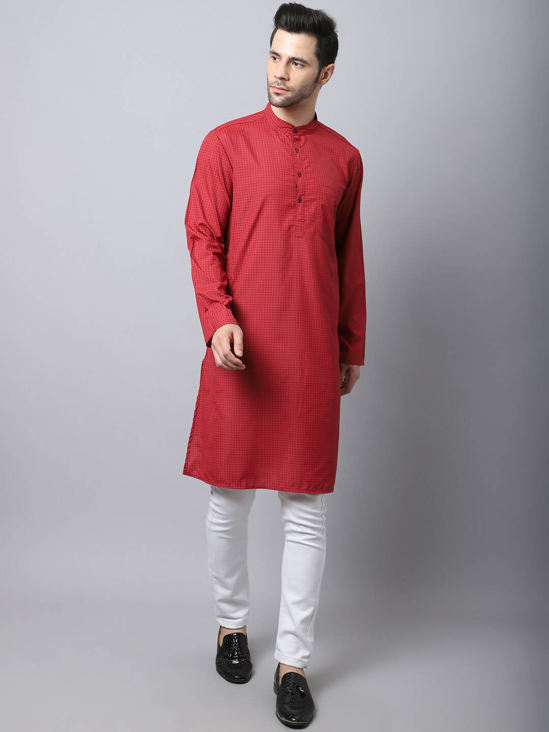 Even Apparels Maroon Cotton Checked Men's Kurta With Band Collar - Distacart