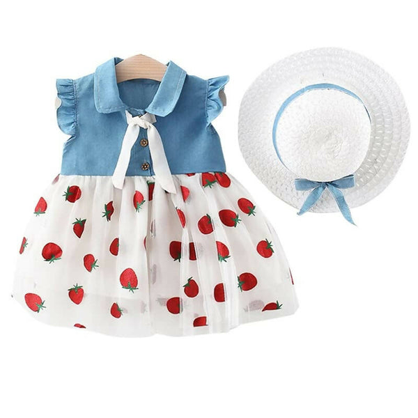 Bold N Elegant Cap Sleeve Denim Embroidered Midi Party Dress Frock with Hat Dress - Strawberry White - Distacart
