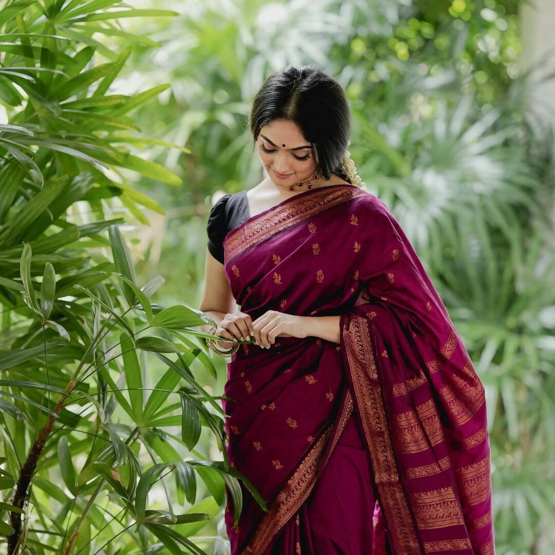 DEIANA'S Beautiful Golden Jari with New Design Soft Lichi Silk Saree - Wine - Distacart