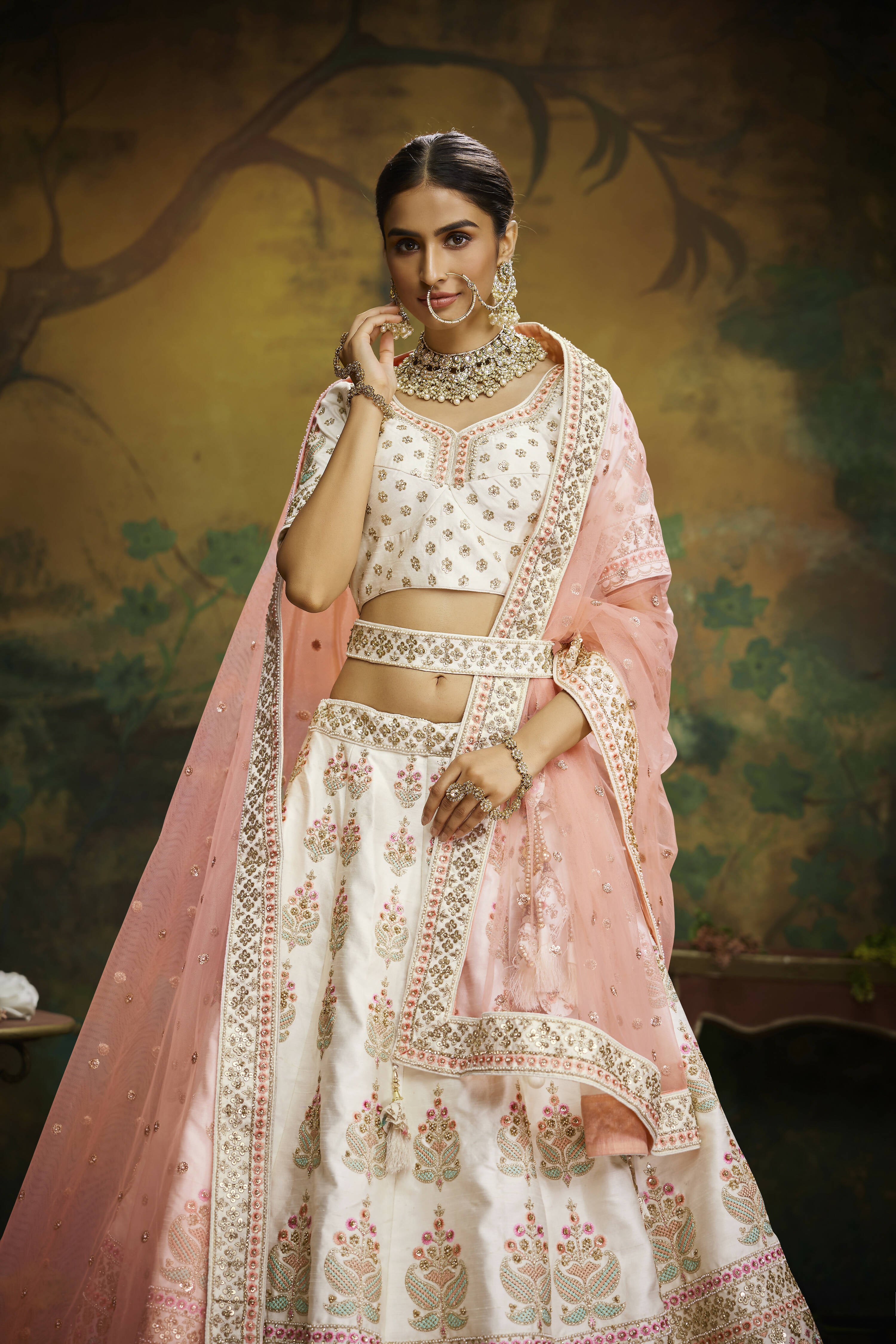 House of Panchhi Off White Pure Silk Moti & Zarkan heavy embroidery Lehenga choli & Dupatta - Distacart