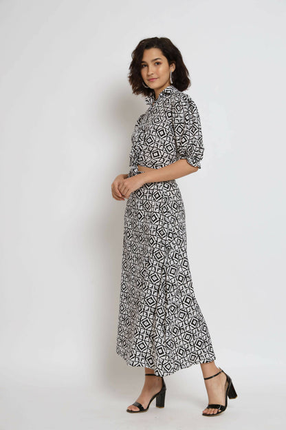 White Crepe Geometric Printed Top with Matching Skirt - Shivani - Distacart