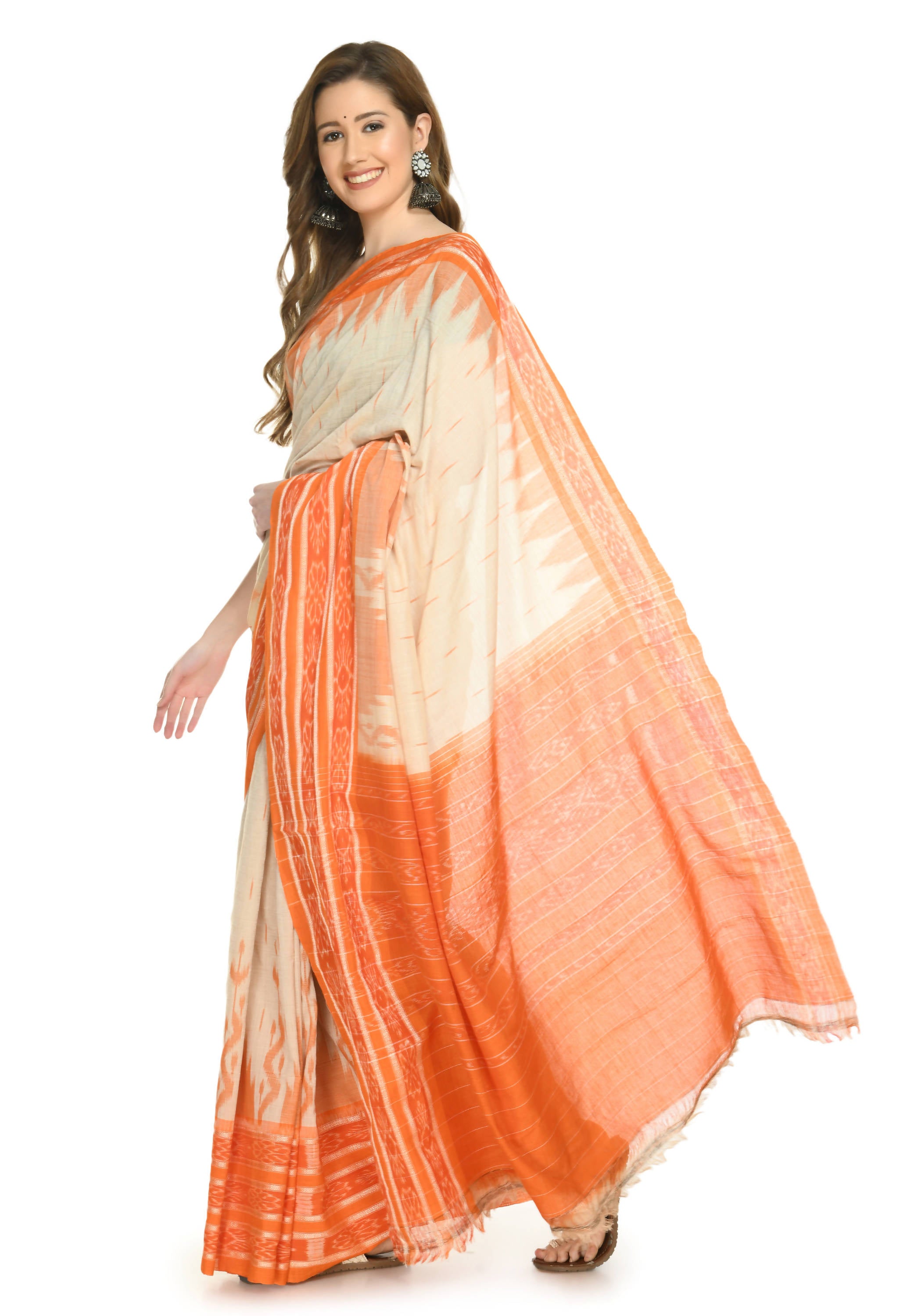 Vamika Sambalpuri Ikat Cotton Scot Dali Tasrite Orange Saree - Distacart