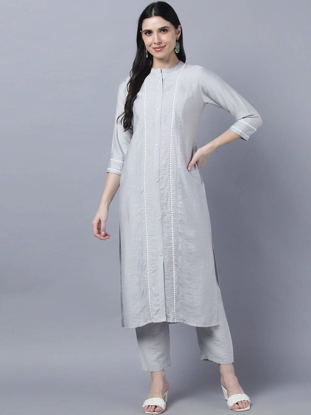 Myshka Stylish Grey Viscose 3/4 Sleeve Women's Kurta Pant Set - Distacart