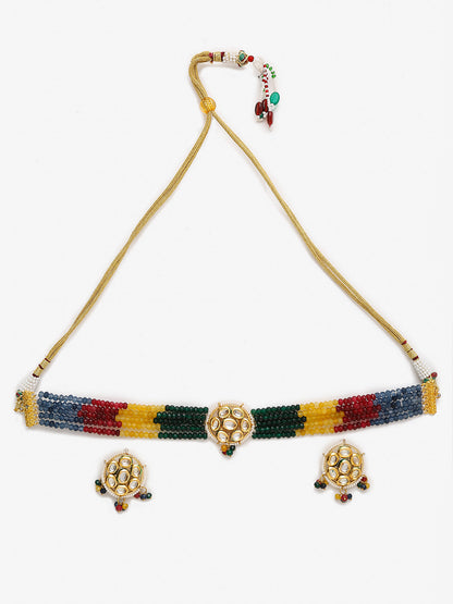 Multicoloured Kundan-Studded Beaded Choker Jewellery Set - Ruby Raang - Distacart