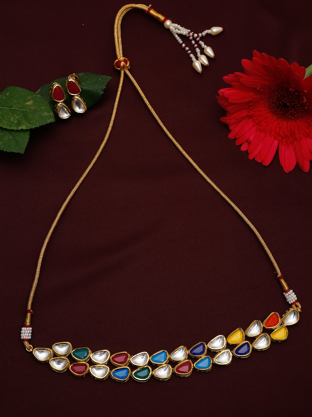 Multioloured Kundan Studded Choker Jewellery Set - Ruby Raang - Distacart