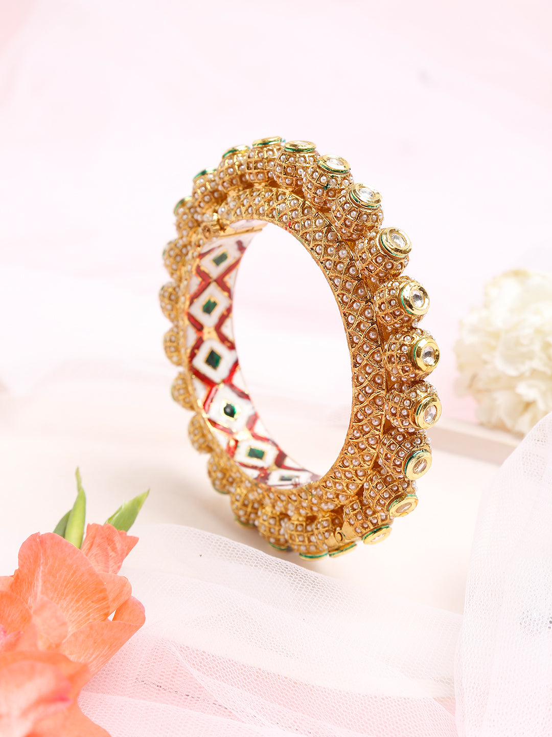 Gold-Plated White Pearl Studded Beaded Bangle - Ruby Raang - Distacart
