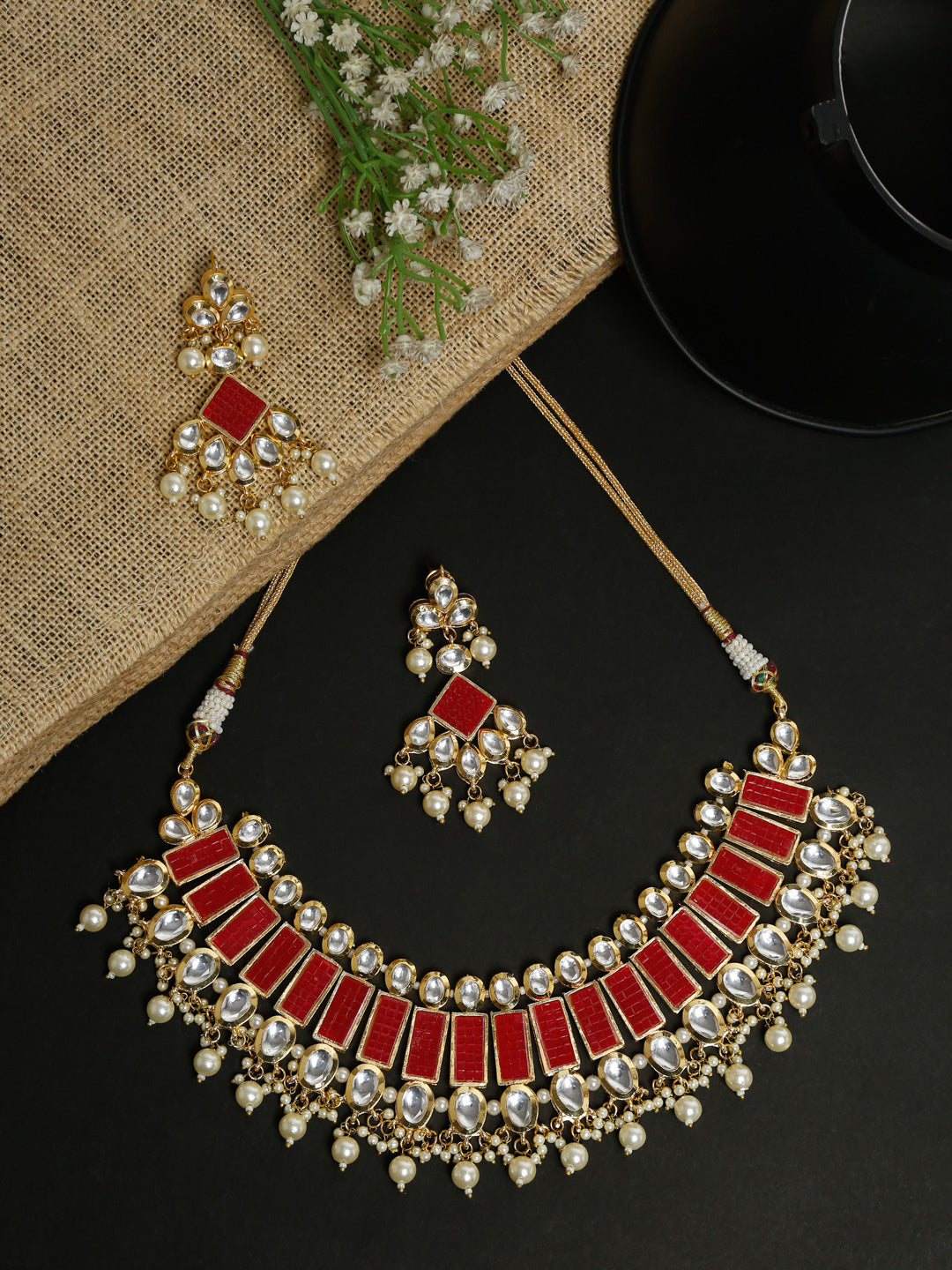 Long Kundan Neckpiece With Earrings - Ruby Raang - Distacart