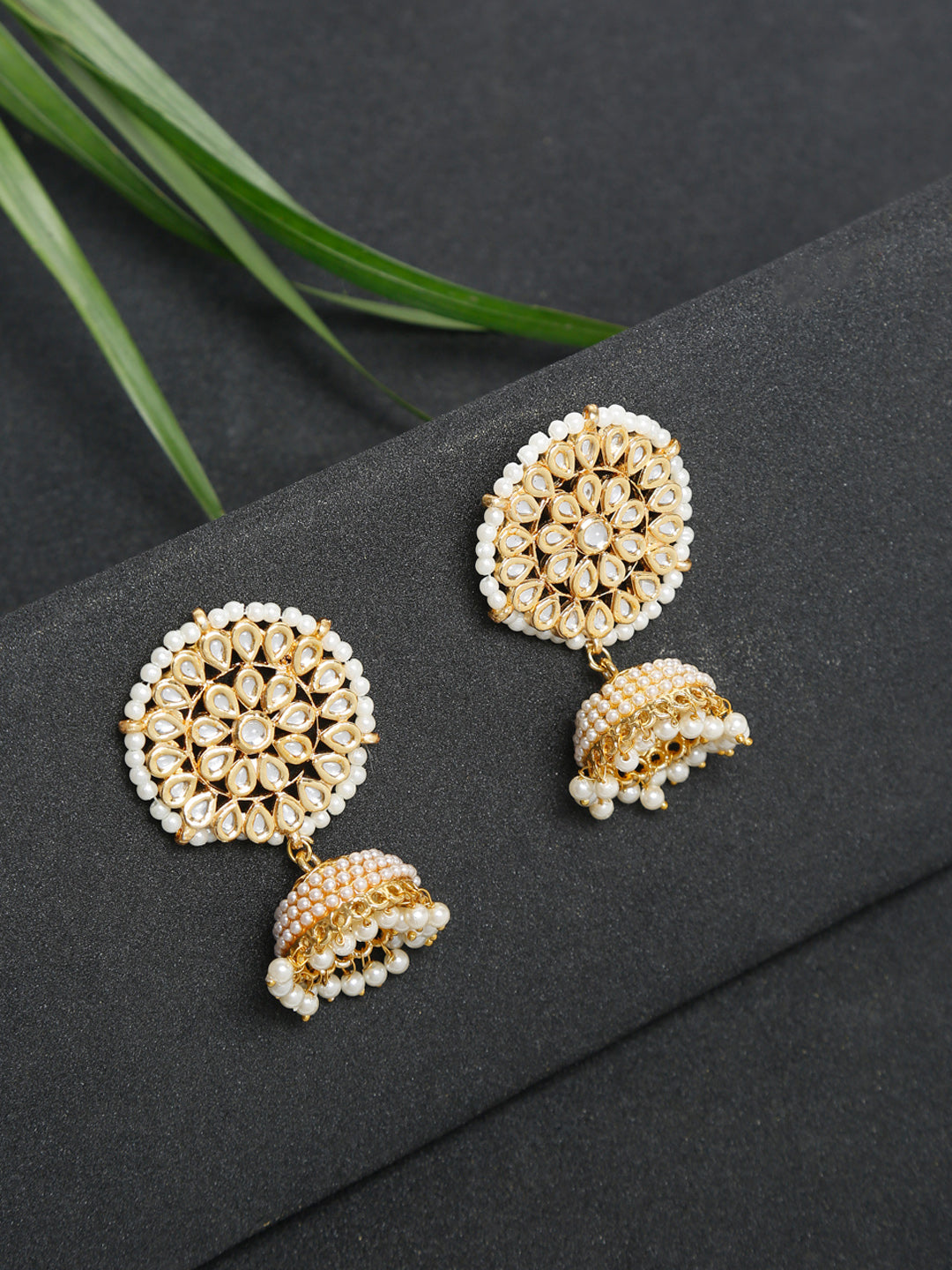 Gold White Kundan Studded Dome Shaped Jhumka Earrings - Ruby Raang - Distacart