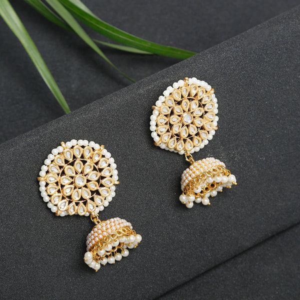 Gold White Kundan Studded Dome Shaped Jhumka Earrings - Ruby Raang - Distacart