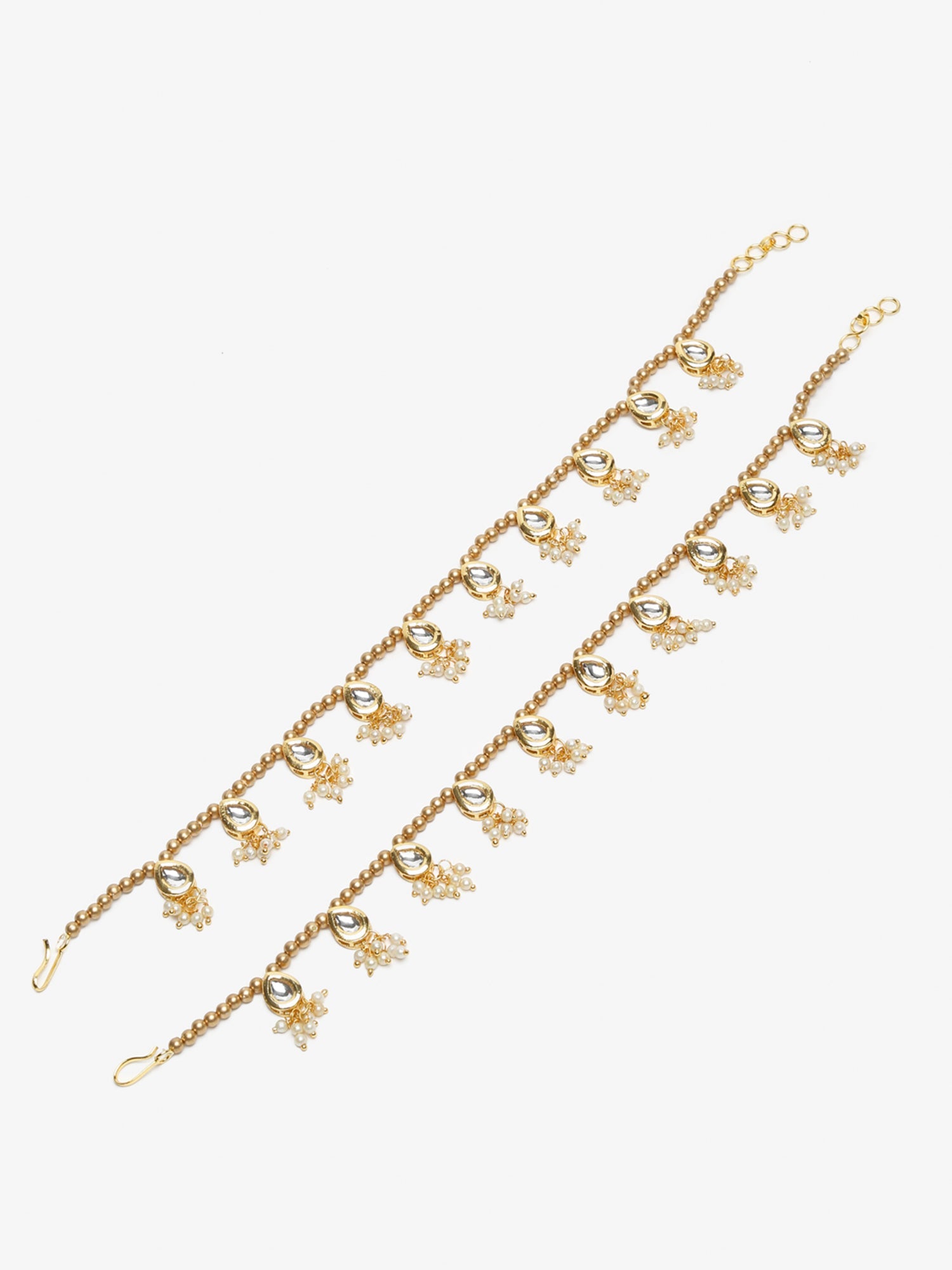 Gold-Plated White Kundan Set Of 2 Anklets - Ruby Raang - Distacart