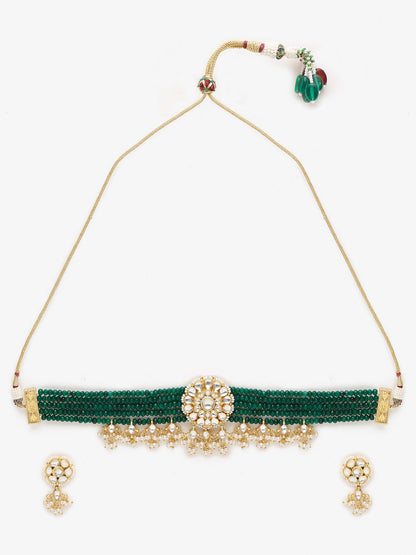 Gold-Plated Green Kundan-Studded Choker With Earrings - Ruby Raang - Distacart