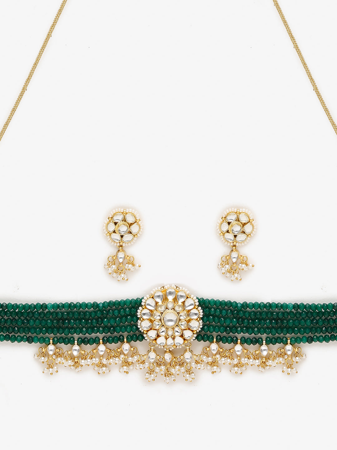 Gold-Plated Green Kundan-Studded Choker With Earrings - Ruby Raang - Distacart