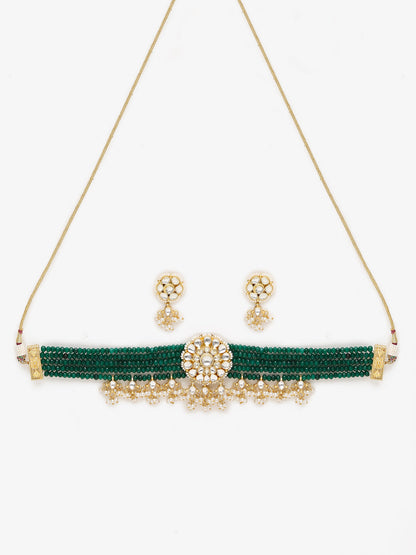 Gold-Plated Green Kundan-Studded Choker With Earrings - Ruby Raang - Distacart