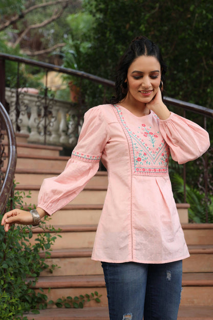 Juniper Women's Peach Cotton Dobby Solid Embroidered Straight Tunic - Distacart