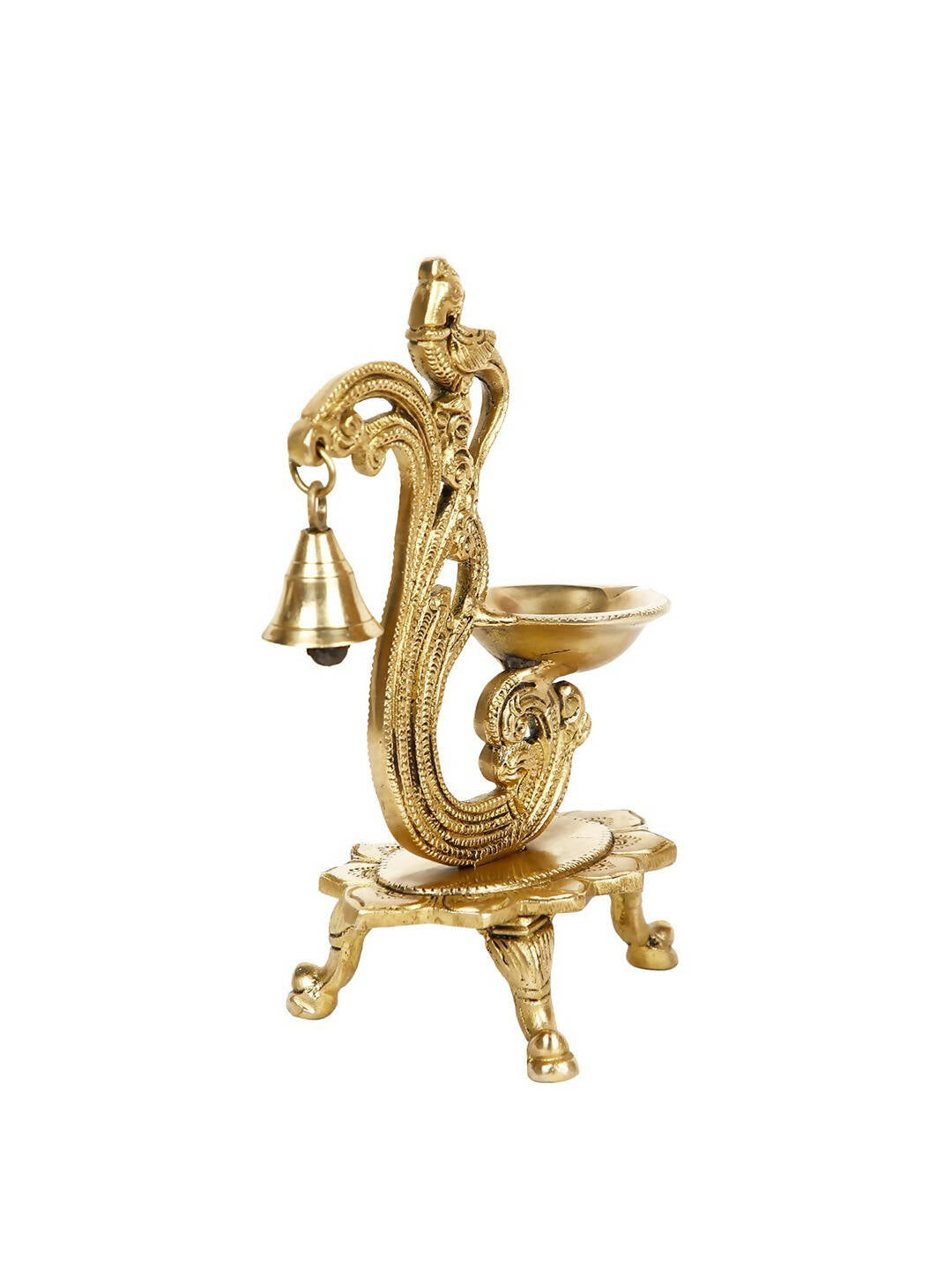 CraftVatika Gold-Toned Brass Handmade Decorative Peacock Design Diya with Bell & Stand - Distacart