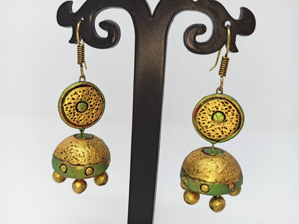 Terracotta Hanging Stud Jhumkas-Pearl Green And Gold