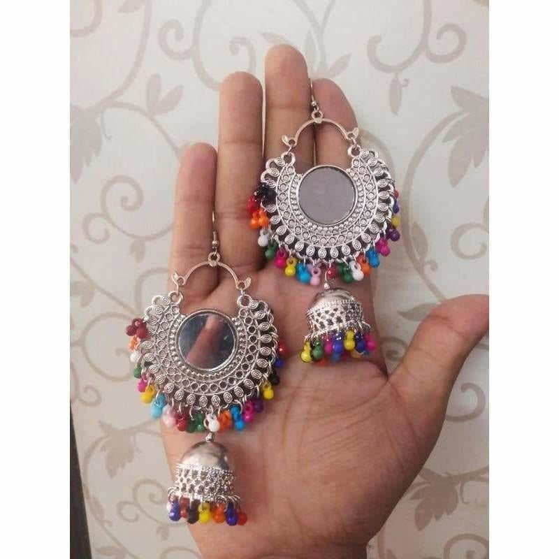 Multi Color Alloy Drops And Mirror Hanging Jhumka Chandbali Earrings