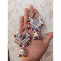 Thumbnail for Multi Color Alloy Drops And Mirror Hanging Jhumka Chandbali Earrings