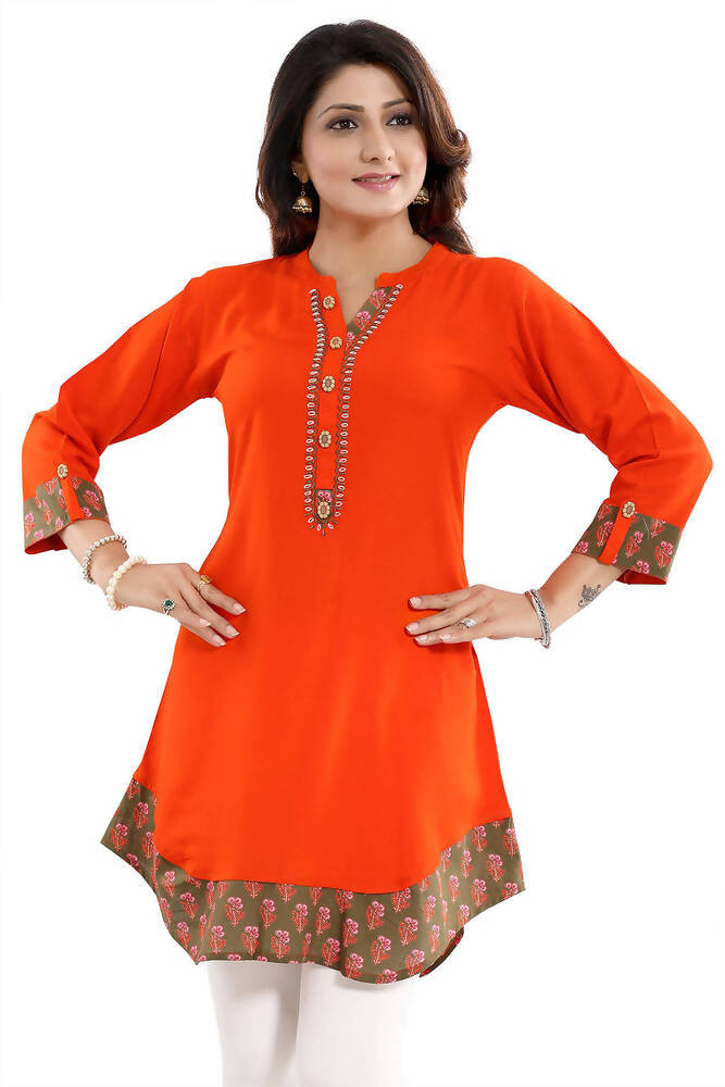 Snehal Creations Rayon Designer Embroidery Orange Tunic
