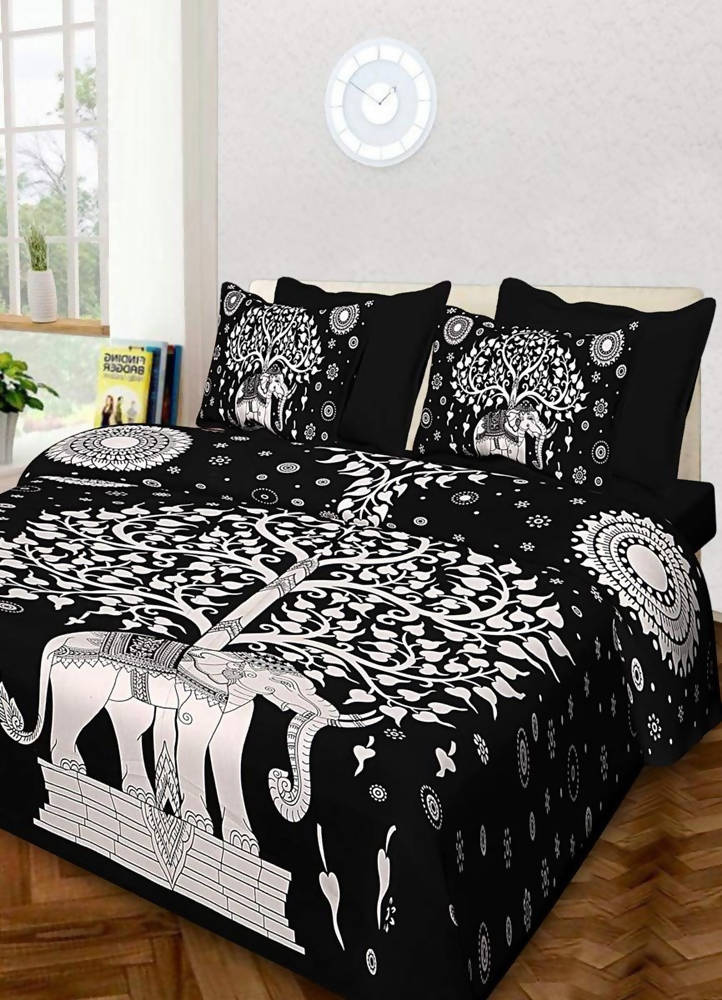 Vamika Printed Cotton Black Bedsheet With Pillow Covers (LEOC_SKHTY_BL) - Distacart