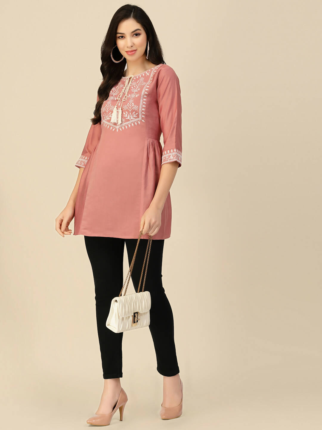 Peach Chinon Slub Floral Embroidered Top - Zeny - Distacart