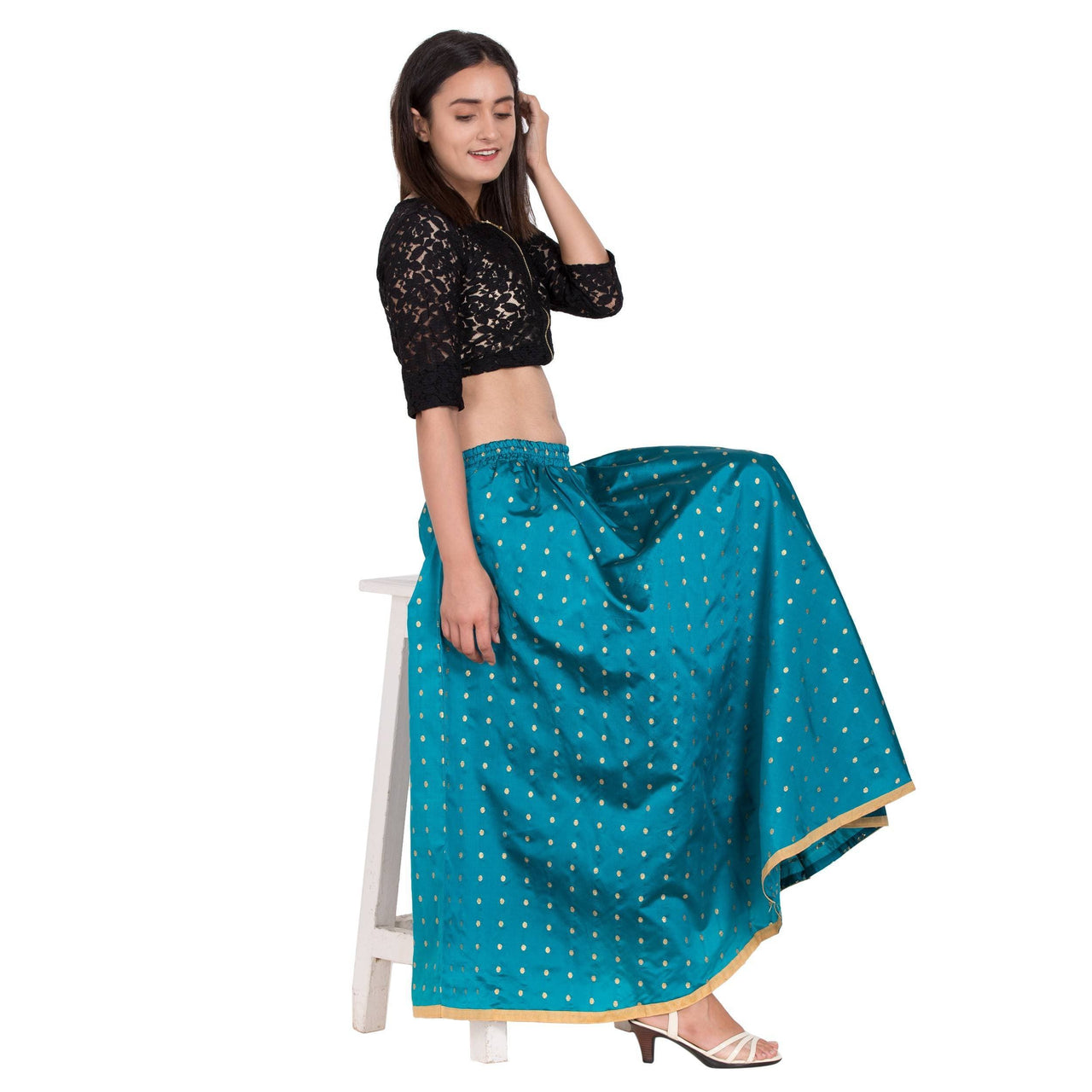 Asmaani Turquoise Color Golden Zari Work Maxi Skirt