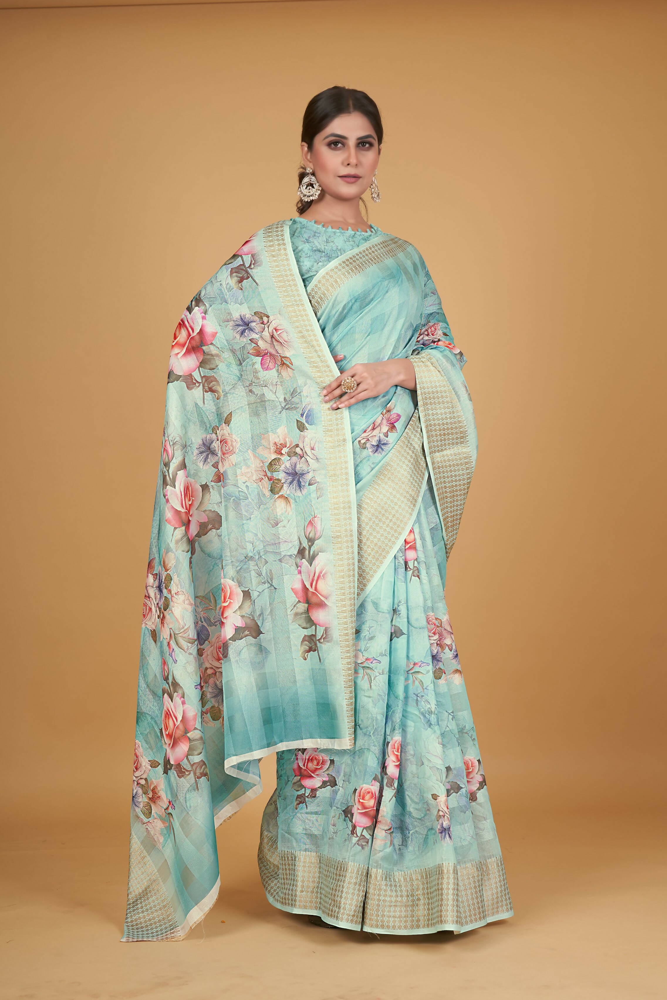 Blue Cotton Silk Digital Printed Saree With Unstitched Blouse Piece - Alisha - Distacart