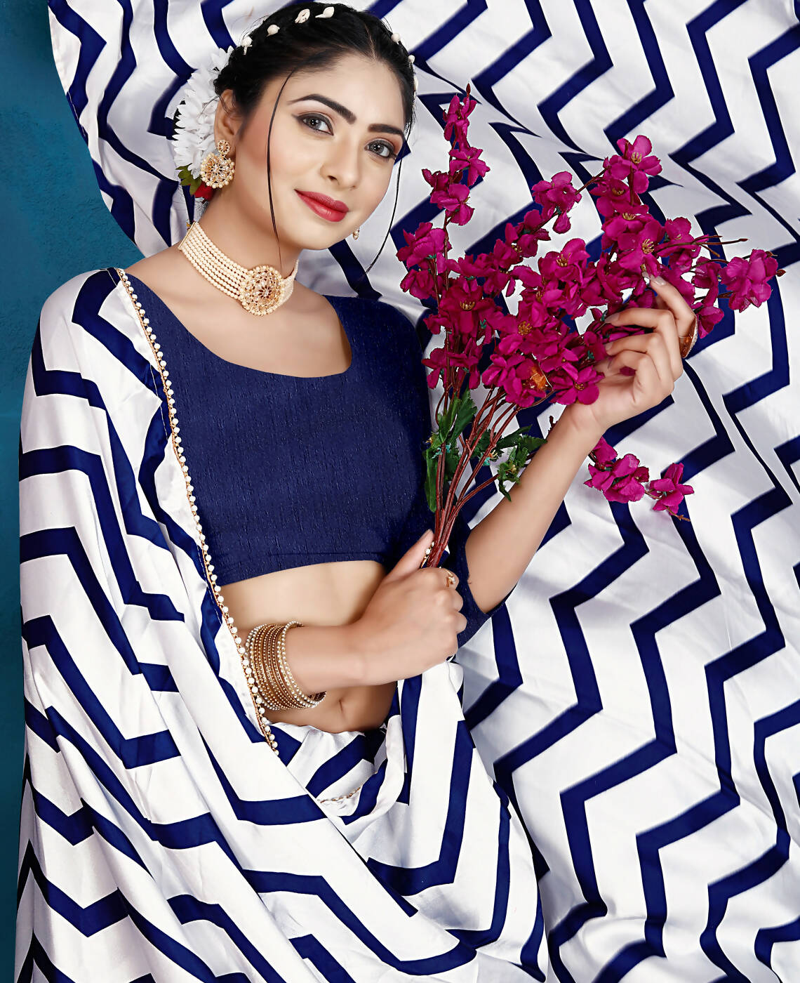 Blue Japan Satin Stripe Printed Saree With Unstitched Blouse Piece - Laavanya - Distacart