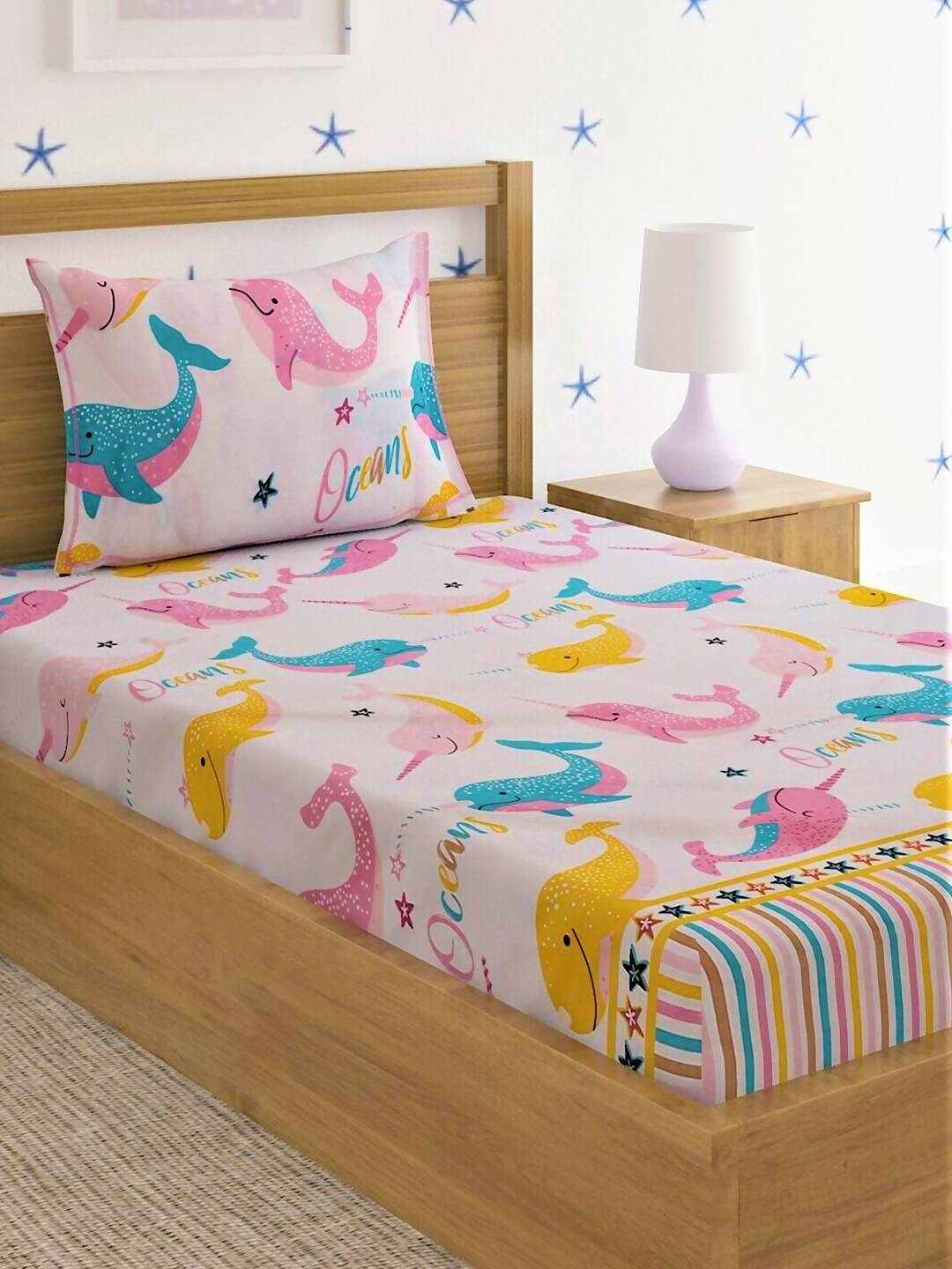 Home Sizzler Pink & Blue Cartoon 210 TC Cotton Bedsheet with Pillow Covers - Distacart