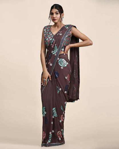 Brown Pure Georgette Sequence work Ready to wear Saree with stitched Blouse - Nirvana - Distacart