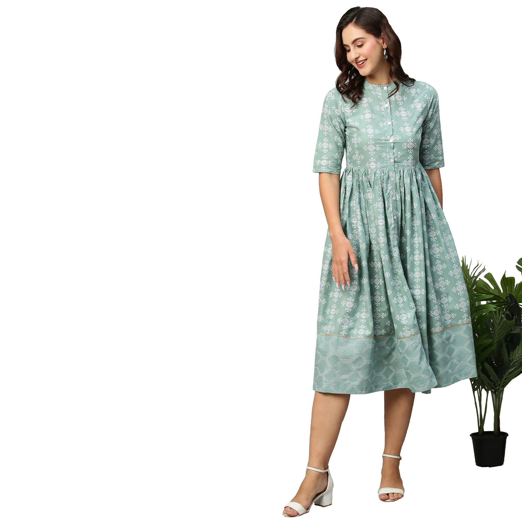 Green & Off-White Ethnic Motifs Printed Cotton A-Line Dress - Poonam - Distacart