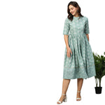 Thumbnail for Green & Off-White Ethnic Motifs Printed Cotton A-Line Dress - Poonam - Distacart