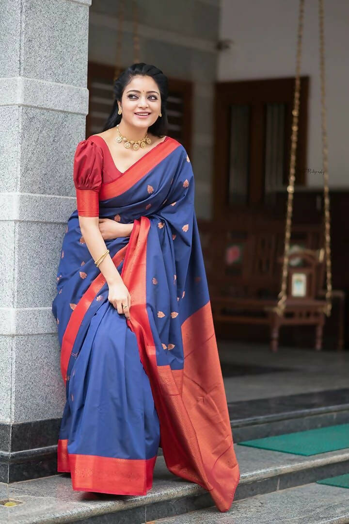 DEIANA'S Beautiful Golden Jari with New Design Soft Lichi Silk Saree - Blue - Distacart