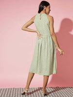 Thumbnail for Myshka Women Ethnic Motifs Rayon A-Line Round Neck Green Dress - Distacart
