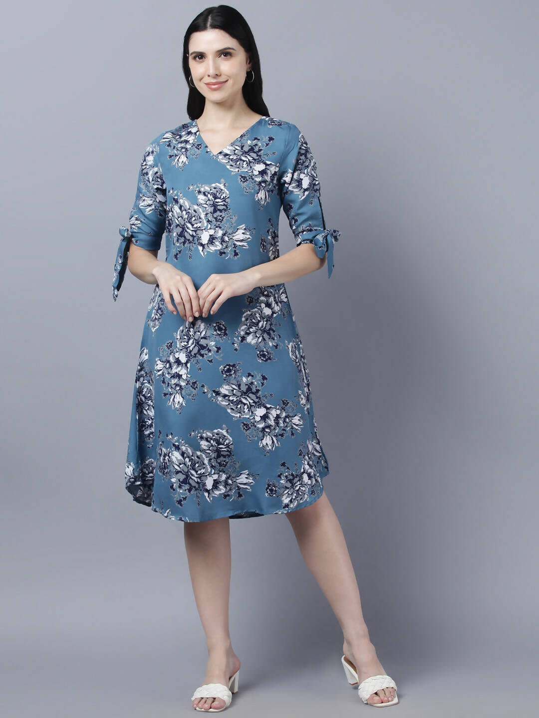 Myshka Women Teal Blue Grey Printed A-line Dress - Distacart