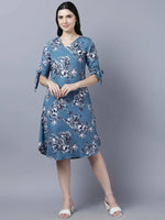 Thumbnail for Myshka Women Teal Blue Grey Printed A-line Dress - Distacart