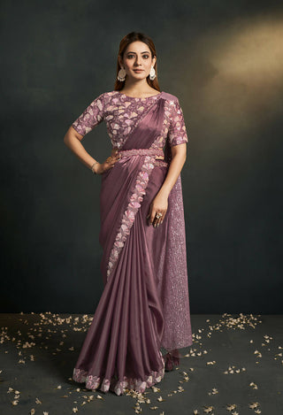Dusty Pink Silk Satin Crepe Cord Sequence & Thread Embroidered & Moti Work Saree - Moh-Manthan Royal Enigma - Distacart