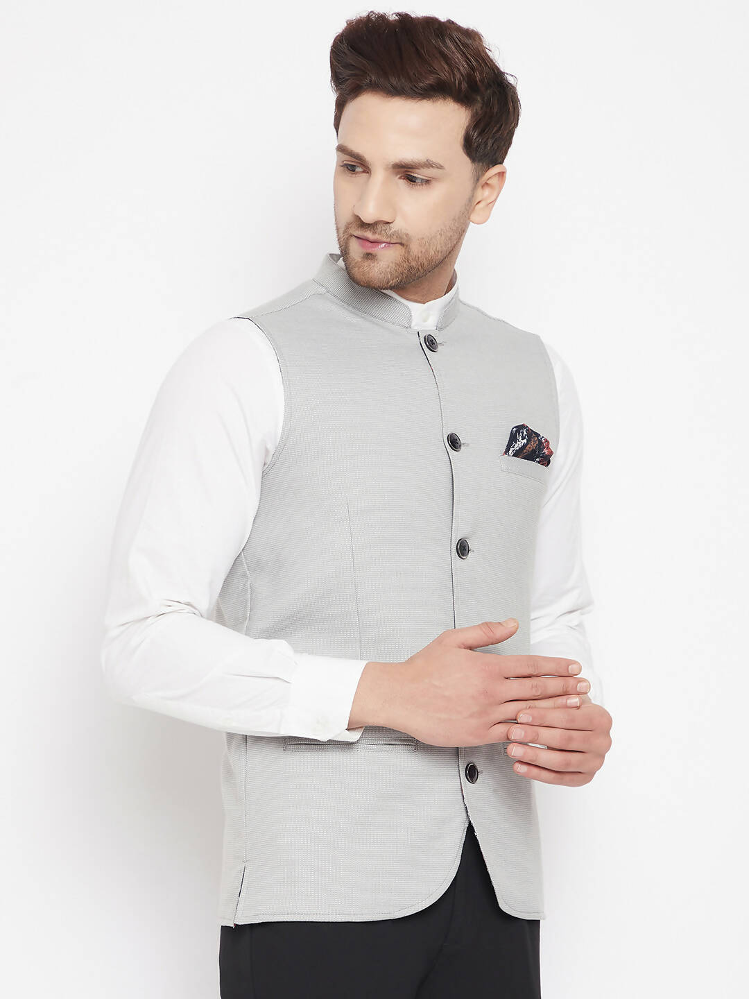 Even Apparels Grey Merino Men's Nehru Jacket-Contrast Lining-Free Pocket Square - Distacart