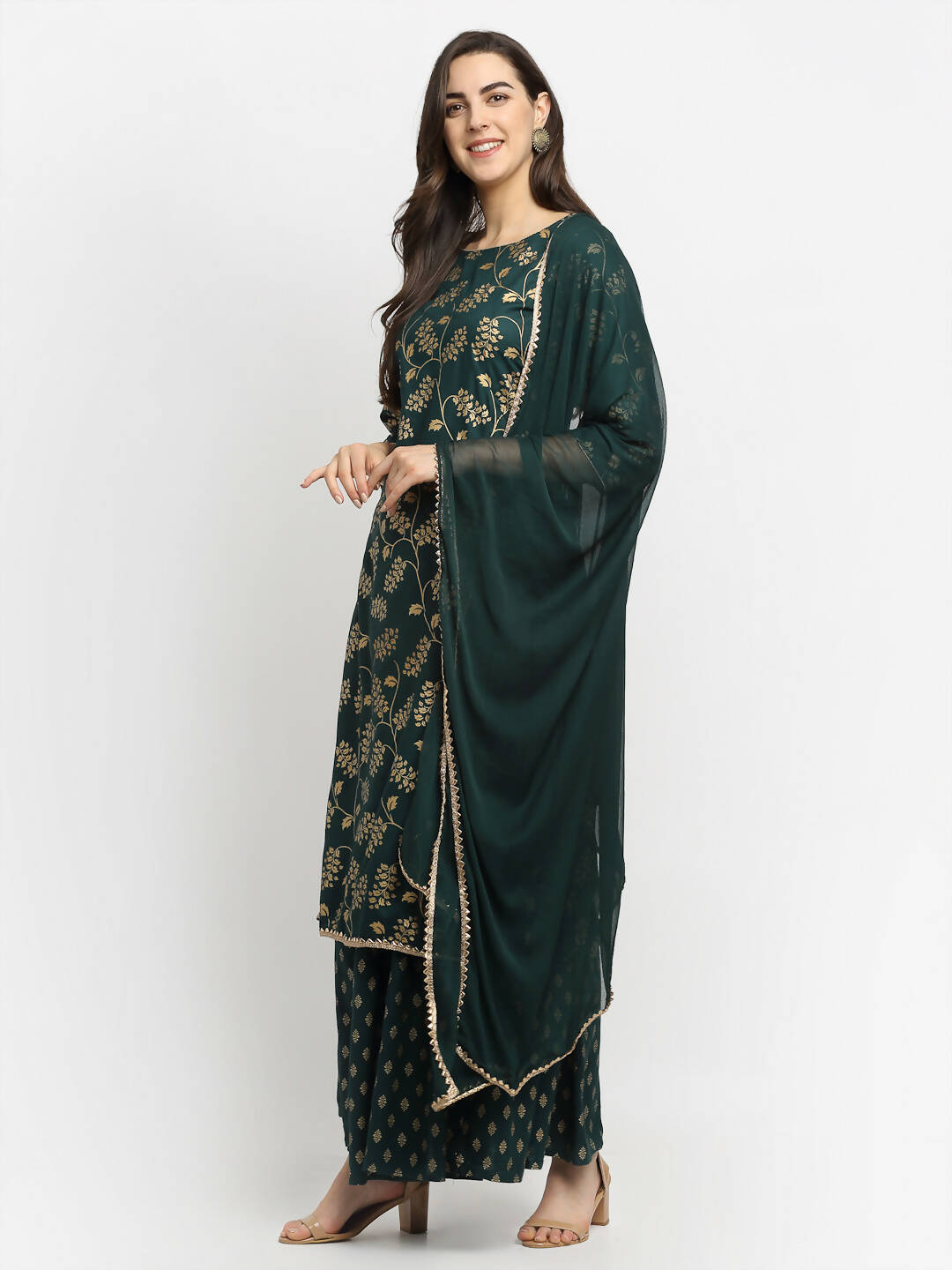 Rudra Bazaar Green Gold Printed Straight Kurta with Gold Printed Skirt & Dupatta - Distacart