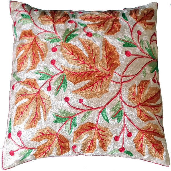 The Decor Nook Hand Embroidered Crewel Cushion Covers in Mustard Chinar Leaf Motif with Off White Base - Distacart