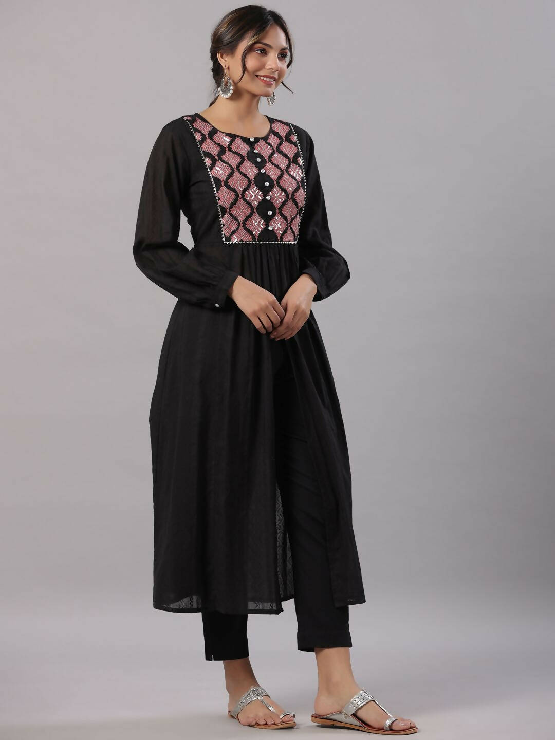 Juniper Women's Black Cotton Dobby Solid With Embroidery Flared Kurta Sets - Distacart