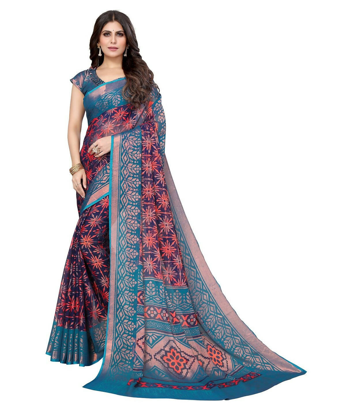 Vamika Navy Blue Chiffon Brasso Bollywood Style Woven Saree (DEVINA NAVY) - Distacart