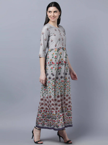 Myshka Women Grey Printed Ethnic Maxi Dress - Distacart