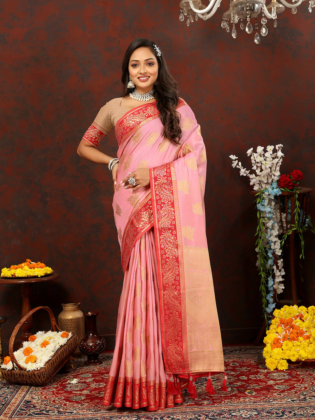 Lorenvalley Fashion Pink Cotton Woven Design with Zari Weaving Design Saree - Distacart