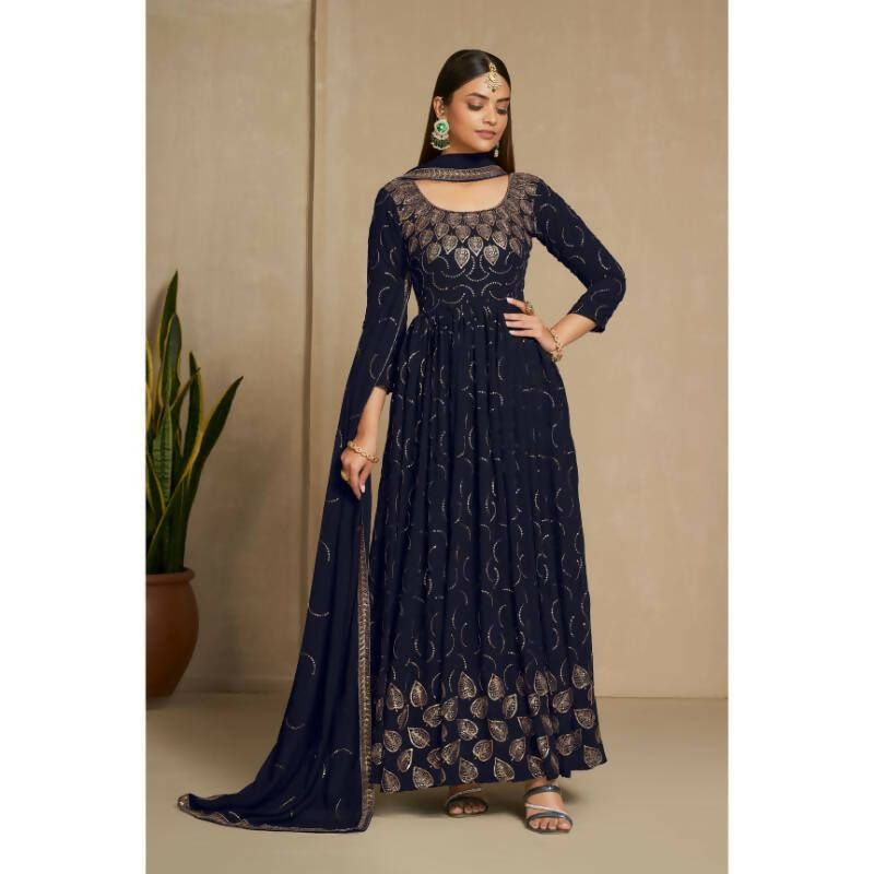 Aastha Fashion Women's Navy Blue Faux Georgette Zari & Sequins Embroidery Gown with Dupatta - Distacart
