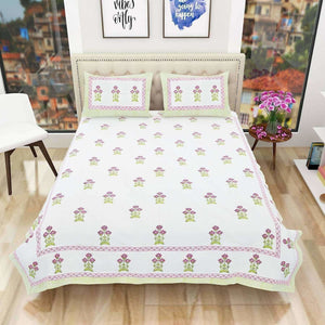 Floral Hand Block Printed Double 90x108 Inches Bedspread with 2 Pillow Covers - Distacart