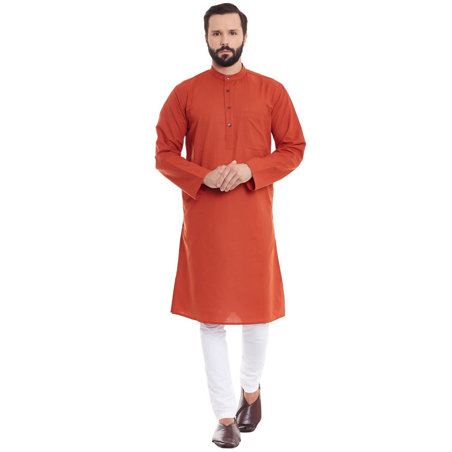 Even Apparels Orange Pure Cotton Men's Kurta With Band Collar - Distacart